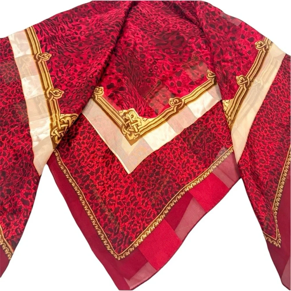 Vintage Hand Rolled Silk Scarf Red Animal Print Square Large 34” NWT Classic